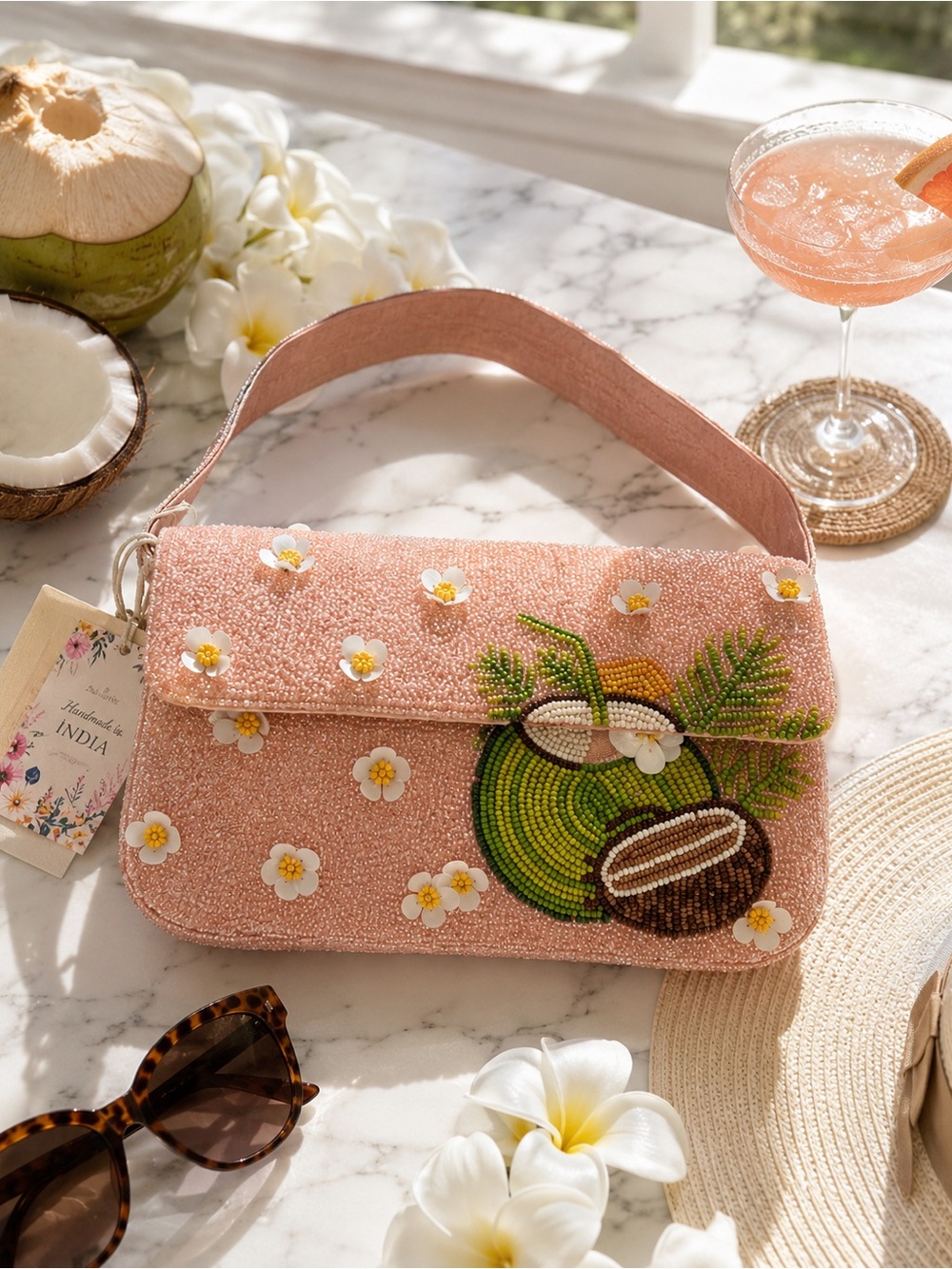 Sol & Mer Beaded Coral Pink Coconut Floral Shoulder Bag | Tropical Resort Purse